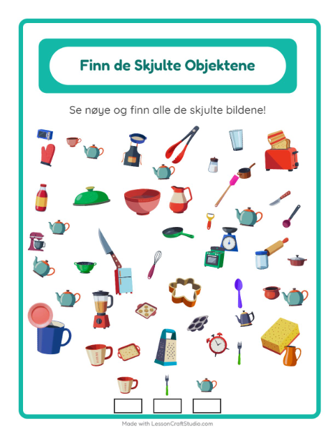 Forhåndsvisning av Finn Objektene-arbeidsark med Kjøkkenredskaper for Barnehage (5-7 år)