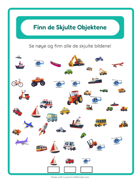 Forhåndsvisning av Finn Objektene-arbeidsark med Kjøretøy for Barnehage (5-7 år)
