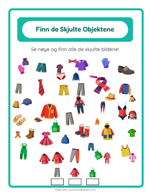 Forhåndsvisning av Finn Objektene-arbeidsark med Klær for Barnehage (5-7 år)
