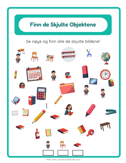 Forhåndsvisning av Finn Objektene-arbeidsark med Klasserom for Barnehage (5-7 år)