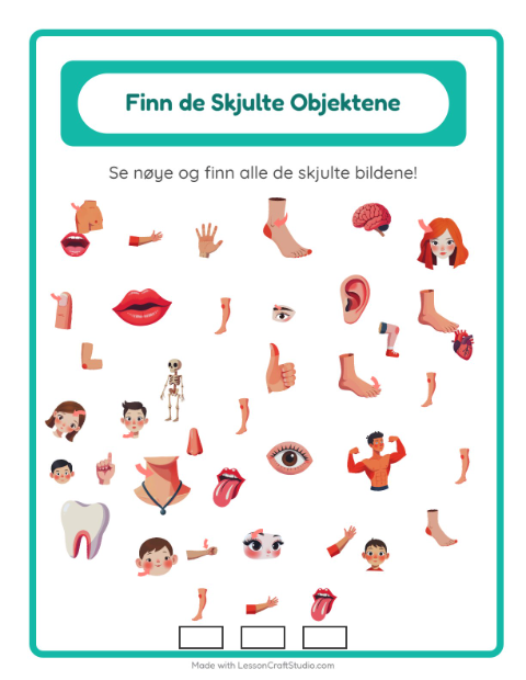 Forhåndsvisning av Finn Objektene-arbeidsark med Kroppsdeler for Barnehage (5-7 år)