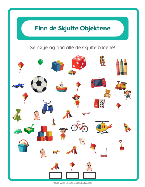 Forhåndsvisning av Finn Objektene-arbeidsark med Leker for Barnehage (5-7 år)