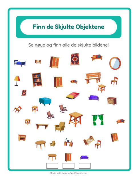 Forhåndsvisning av Finn Objektene-arbeidsark med Møbler for Barnehage (5-7 år)