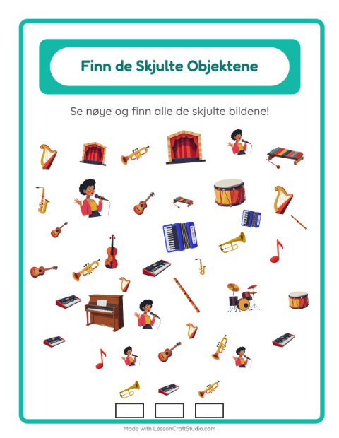 Forhåndsvisning av Finn Objektene-arbeidsark med Musikk for Barnehage (5-7 år)
