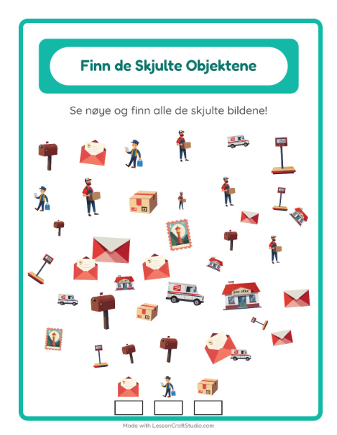 Forhåndsvisning av Finn Objektene-arbeidsark med Postkontor for Barnehage (5-7 år)