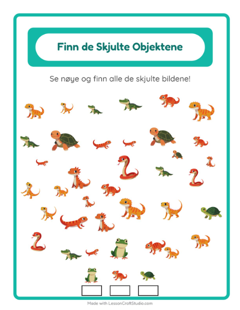 Forhåndsvisning av Finn Objektene-arbeidsark med Reptiler og amfibier for Barnehage (5-7 år)