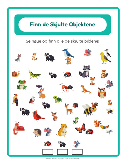 Forhåndsvisning av Finn Objektene-arbeidsark med Skogsdyr for Barnehage (5-7 år)