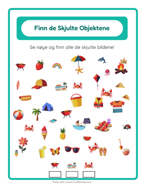 Forhåndsvisning av Finn Objektene-arbeidsark med Sommer for Barnehage (5-7 år)