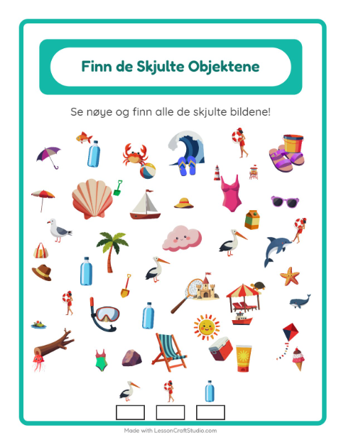 Forhåndsvisning av Finn Objektene-arbeidsark med Strand for Barnehage (5-7 år)
