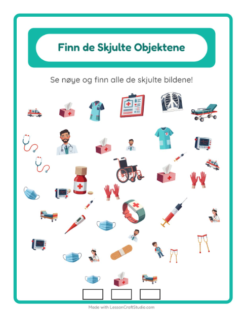 Forhåndsvisning av Finn Objektene-arbeidsark med Sykehus for Barnehage (5-7 år)