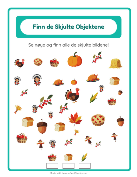 Forhåndsvisning av Finn Objektene-arbeidsark med Thanksgiving for Barnehage (5-7 år)