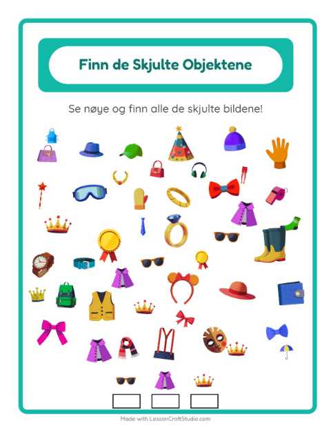 Forhåndsvisning av Finn Objektene-arbeidsark med Tilbehør for Barnehage (5-7 år)