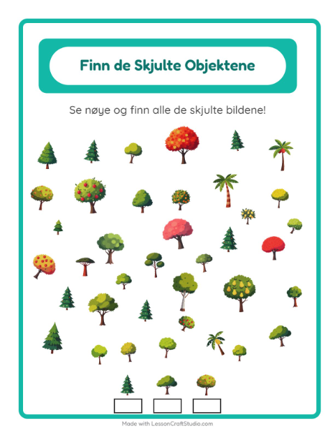 Forhåndsvisning av Finn Objektene-arbeidsark med Trær for Barnehage (5-7 år)