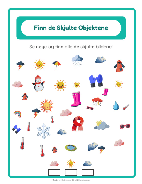 Forhåndsvisning av Finn Objektene-arbeidsark med Vær for Barnehage (5-7 år)