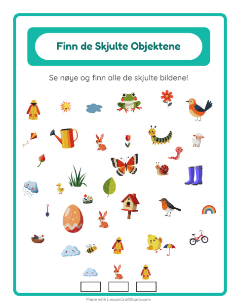Forhåndsvisning av Finn Objektene-arbeidsark med Vår for Barnehage (5-7 år)
