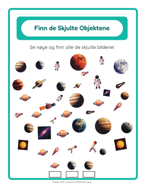 Forhåndsvisning av Finn Objektene-arbeidsark med Verdensrommet for Barnehage (5-7 år)