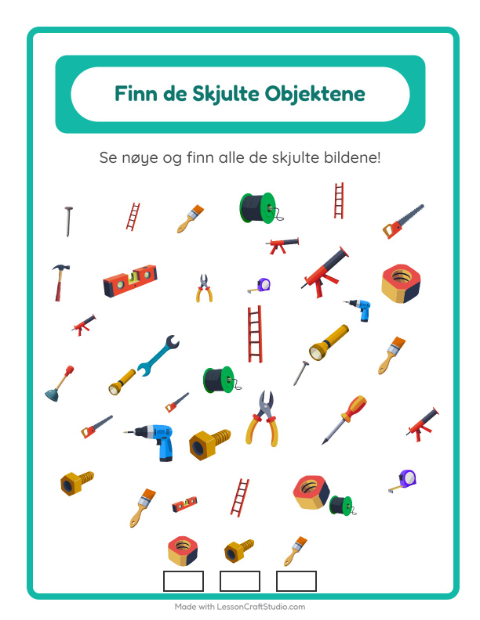 Forhåndsvisning av Finn Objektene-arbeidsark med Verktøy for Barnehage (5-7 år)