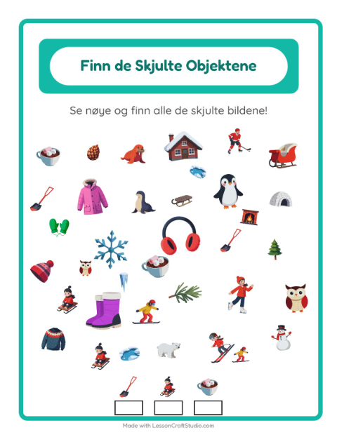 Forhåndsvisning av Finn Objektene-arbeidsark med Vinter for Barnehage (5-7 år)