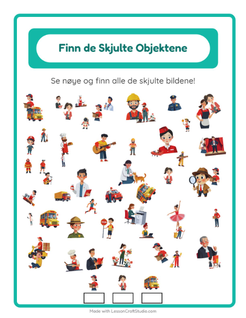 Forhåndsvisning av Finn Objektene-arbeidsark med Yrker for Barnehage (5-7 år)