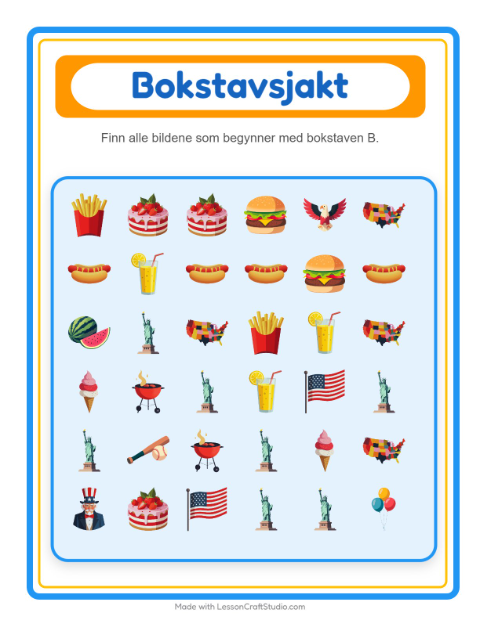 Forhåndsvisning av Finn Og Tell-arbeidsark med 4. juli for Barnehage (3-5 år)