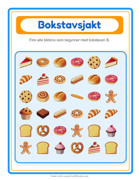 Forhåndsvisning av Finn Og Tell-arbeidsark med Bakeri for Barnehage (3-5 år)