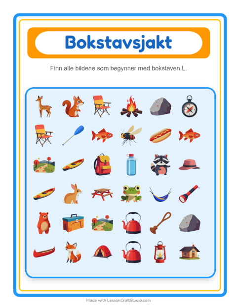 Forhåndsvisning av Finn Og Tell-arbeidsark med Camping for Barnehage (3-5 år)