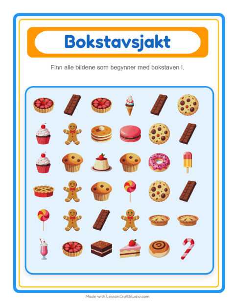 Forhåndsvisning av Finn Og Tell-arbeidsark med Desserter og godteri for Barnehage (3-5 år)