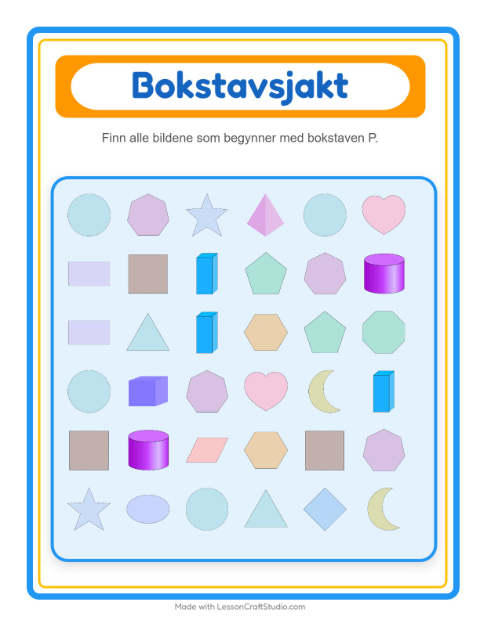 Forhåndsvisning av Finn Og Tell-arbeidsark med Former for Barnehage (3-5 år)