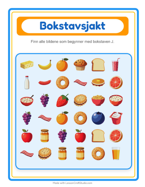 Forhåndsvisning av Finn Og Tell-arbeidsark med Frokost for Barnehage (3-5 år)