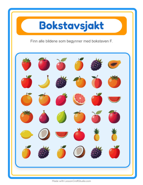 Forhåndsvisning av Finn Og Tell-arbeidsark med Frukter for Barnehage (3-5 år)