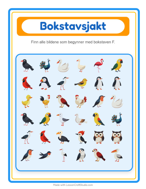 Forhåndsvisning av Finn Og Tell-arbeidsark med Fugler 2 for Barnehage (3-5 år)