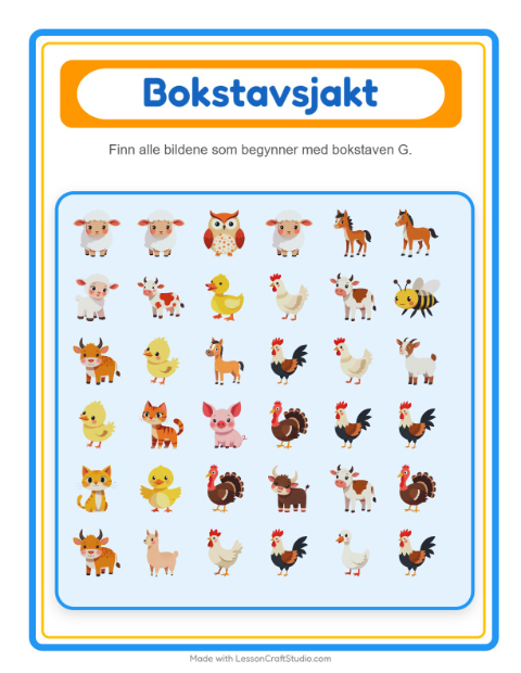 Forhåndsvisning av Finn Og Tell-arbeidsark med Gårdsdyr for Barnehage (3-5 år)
