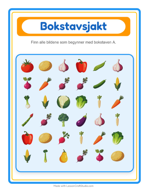 Forhåndsvisning av Finn Og Tell-arbeidsark med Grønnsaker for Barnehage (3-5 år)