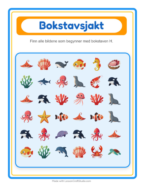 Forhåndsvisning av Finn Og Tell-arbeidsark med Havliv for Barnehage (3-5 år)