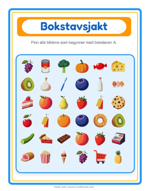 Forhåndsvisning av Finn Og Tell-arbeidsark med I supermarkedet for Barnehage (3-5 år)