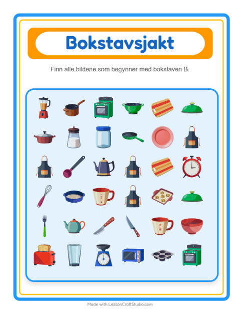 Forhåndsvisning av Finn Og Tell-arbeidsark med Kjøkkenredskaper for Barnehage (3-5 år)