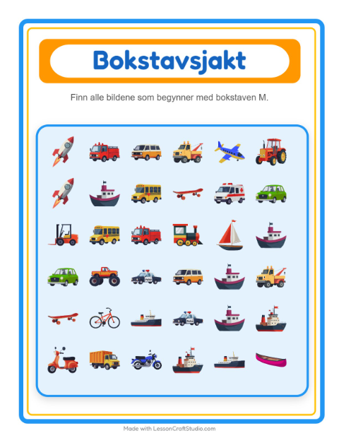 Forhåndsvisning av Finn Og Tell-arbeidsark med Kjøretøy for Barnehage (3-5 år)