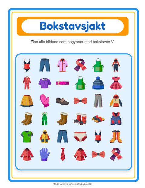 Forhåndsvisning av Finn Og Tell-arbeidsark med Klær for Barnehage (3-5 år)