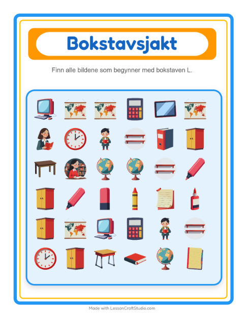 Forhåndsvisning av Finn Og Tell-arbeidsark med Klasserom for Barnehage (3-5 år)