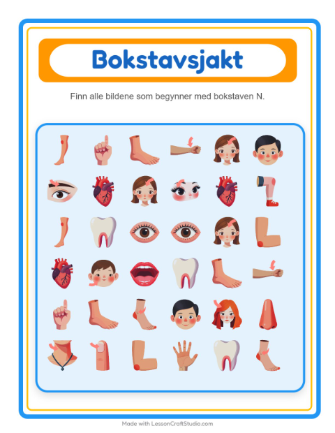 Forhåndsvisning av Finn Og Tell-arbeidsark med Kroppsdeler for Barnehage (3-5 år)