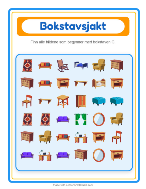 Forhåndsvisning av Finn Og Tell-arbeidsark med Møbler for Barnehage (3-5 år)