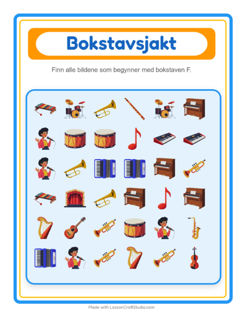 Forhåndsvisning av Finn Og Tell-arbeidsark med Musikk for Barnehage (3-5 år)