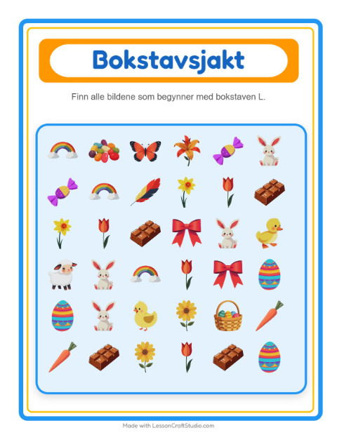 Forhåndsvisning av Finn Og Tell-arbeidsark med Påske for Barnehage (3-5 år)