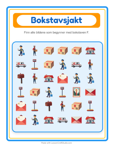 Forhåndsvisning av Finn Og Tell-arbeidsark med Postkontor for Barnehage (3-5 år)