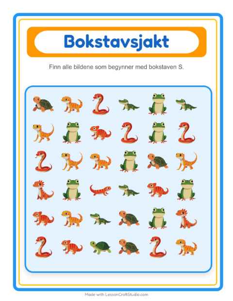 Forhåndsvisning av Finn Og Tell-arbeidsark med Reptiler og amfibier for Barnehage (3-5 år)
