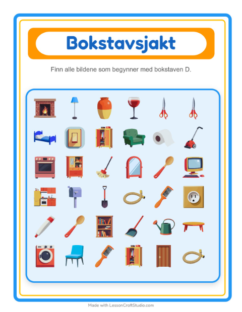 Forhåndsvisning av Finn Og Tell-arbeidsark med Rundt i huset for Barnehage (3-5 år)