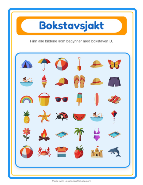 Forhåndsvisning av Finn Og Tell-arbeidsark med Sommer for Barnehage (3-5 år)