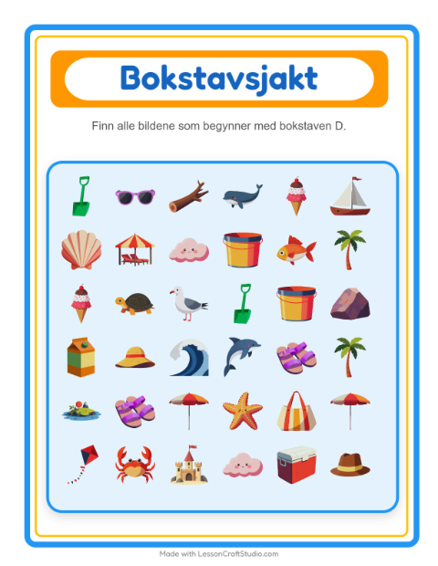 Forhåndsvisning av Finn Og Tell-arbeidsark med Strand for Barnehage (3-5 år)