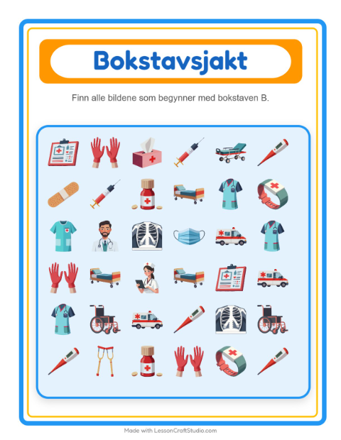 Forhåndsvisning av Finn Og Tell-arbeidsark med Sykehus for Barnehage (3-5 år)