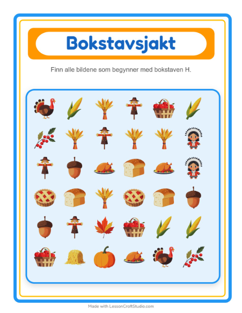 Forhåndsvisning av Finn Og Tell-arbeidsark med Thanksgiving for Barnehage (3-5 år)